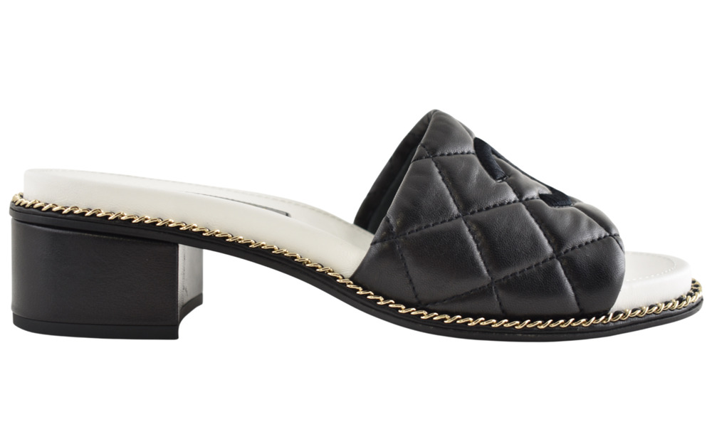 Chanel 25P Black Quilted Leather Chain CC Logo Mule Slide Sandal Block Heel 40